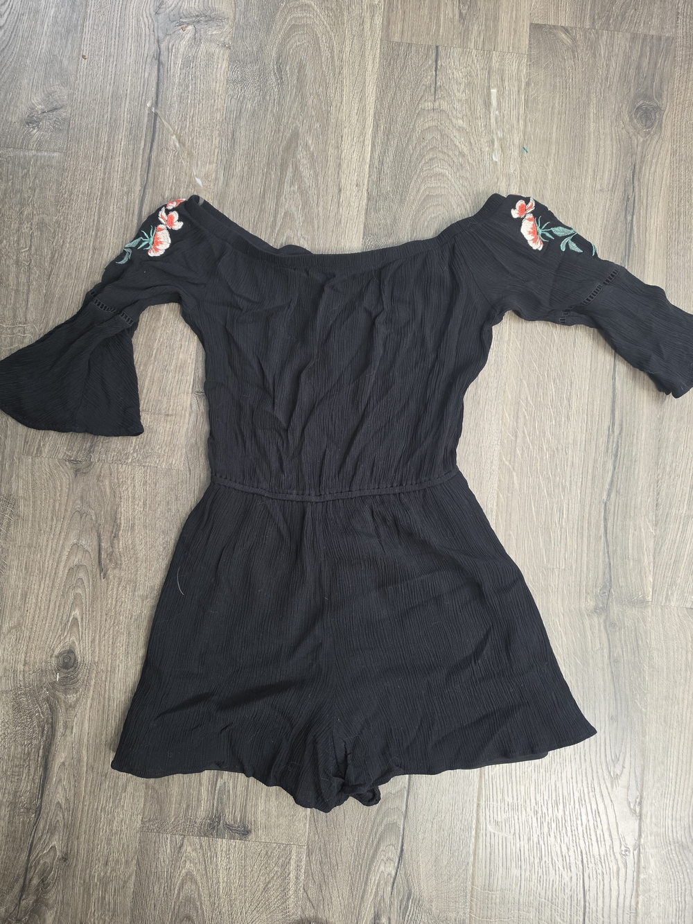 love, Fire Black One-Shoulder Romper with Floral Embroidery
